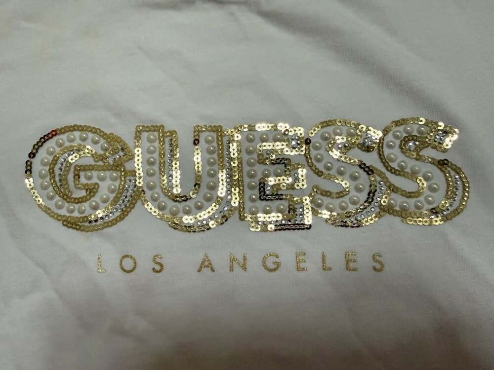 Guess Los Angeles Sequin Pearl Logo T-Shirt Size L White Cotton